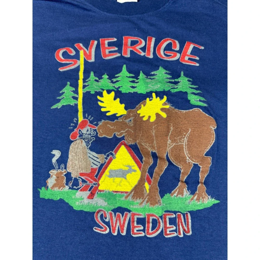 Vintage Sverige Sweden‎ Moose Graphic T Shirt Kids Size 158/164 Blue